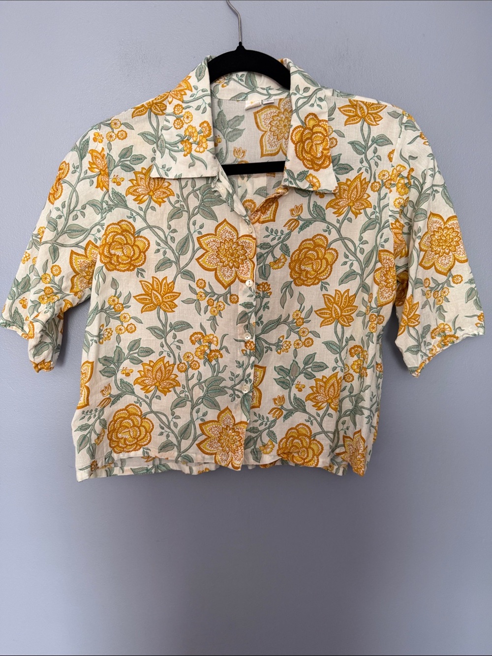 KILOL Floral Block Print Camp Shirt Button Down Cropped Large - Picture 2 of 10